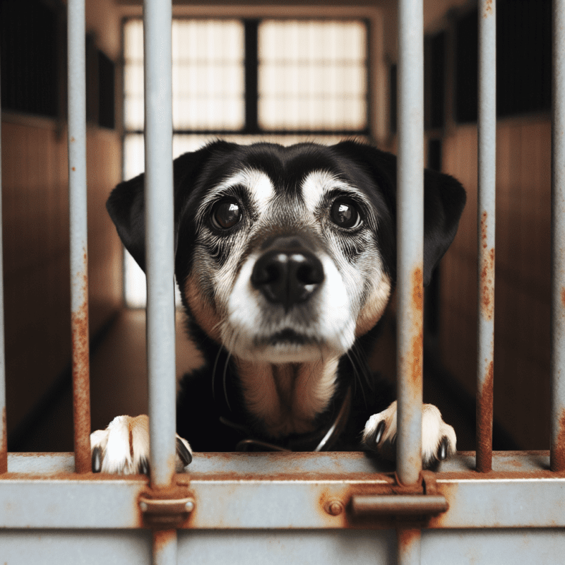 Cão adulto olhando esperançosamente através de uma grade de abrigo
