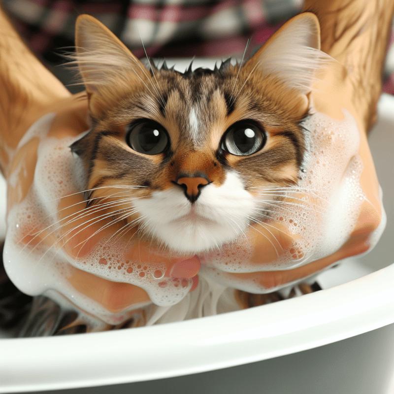 Gato recebendo banho cuidadoso