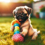 Filhote de pug brincando com brinquedo