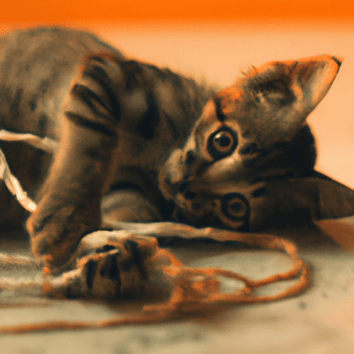 Filhote de gato brincando com um novelo de lã